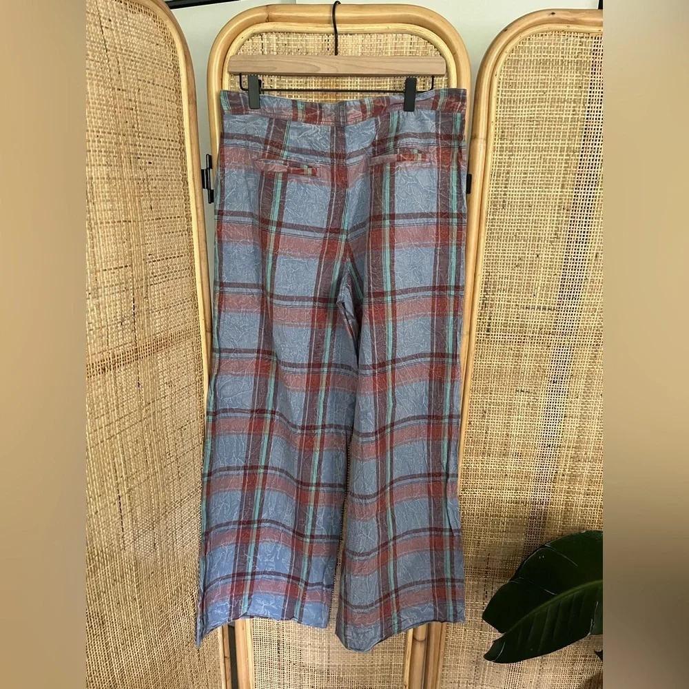 By Anthropologie - Plaid Wide Leg Pants Blue Burgundy - Picture 6 of 9